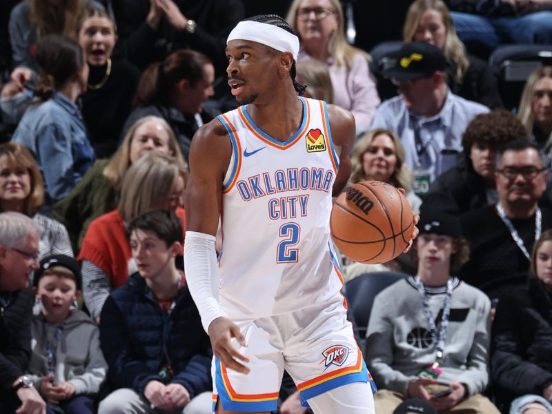 SALT LAKE CITY, UT - FEBRUARY 6: Shai Gilgeous-Alexander #2 of the Oklahoma City Thunder dribbles the ball during the game against the Utah Jazz on February 6, 2024 at Delta Center in Salt Lake City, Utah. NOTE TO USER: User expressly acknowledges and agrees that, by downloading and or using this Photograph, User is consenting to the terms and conditions of the Getty Images License Agreement. Mandatory Copyright Notice: Copyright 2024 NBAE (Photo by Melissa Majchrzak/NBAE via Getty Images)