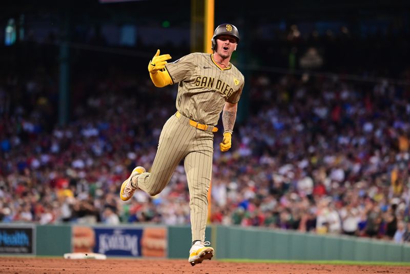 Jun 28, 2024; Boston, Massachusetts, USA; San Diego Padres center fielder Jackson Merrill (3) reacts after hitting a three-run home run during the fifth inning against the Boston Red Sox at Fenway Park. Mandatory Credit: Eric Canha-USA TODAY Sports