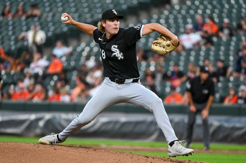 Sep 4, 2024; Baltimore, Maryland, USA; Chicago White Sox pitcher Jonathan Cannon (48) throws a second inning pitch against the Baltimore Orioles  at Oriole Park at Camden Yards. Mandatory Credit: Tommy Gilligan - Imagn Images