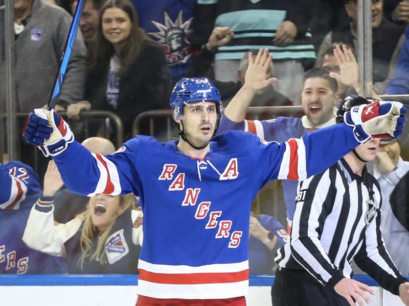 Feb 15, 2024; New York, New York, USA; New York Rangers left wing Chris Kreider (20) celebrates after scoring a goal in the second period against the Montreal Canadiens at Madison Square Garden. Mandatory Credit: Wendell Cruz-USA TODAY Sports