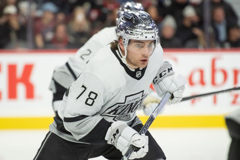 Nov 2, 2023; Ottawa, Ontario, CAN; Los Angeles Kings right wing Alex Laferriere (78) follows the puck in the first period against the Ottawa Senators at the Canadian Tire Centre. Mandatory Credit: Marc DesRosiers-USA TODAY Sports