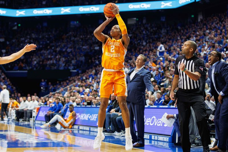 Feb 3, 2024; Lexington, Kentucky, USA; Tennessee Volunteers guard Jordan Gainey (2) shoots the ball during the first half against the Kentucky Wildcats at Rupp Arena at Central Bank Center. Mandatory Credit: Jordan Prather-USA TODAY Sports