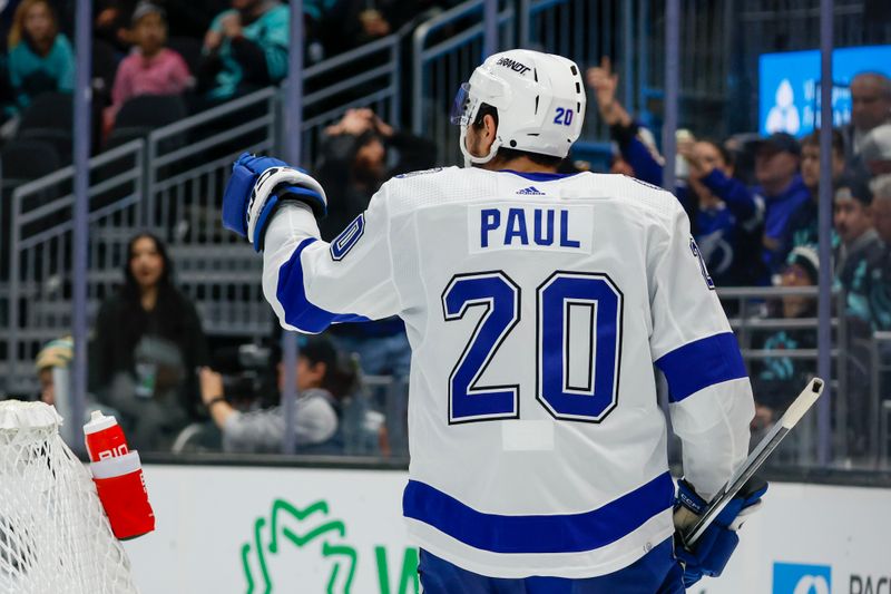 Dec 9, 2023; Seattle, Washington, USA; Tampa Bay Lightning left wing Nicholas Paul (20) celebrates after scoring a goal against the Seattle Kraken during the third period at Climate Pledge Arena. Mandatory Credit: Joe Nicholson-USA TODAY Sports