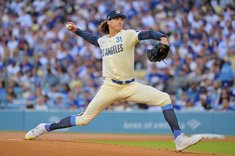 Sep 20, 2025; Los Angeles, California, USA; Los Angeles Dodgers pitcher Tyler Glasnow (31) throws a pitch during the first inning against the San Francisco Giants at Dodger Stadium. Mandatory Credit: Jayne Kamin-Oncea-Imagn Images