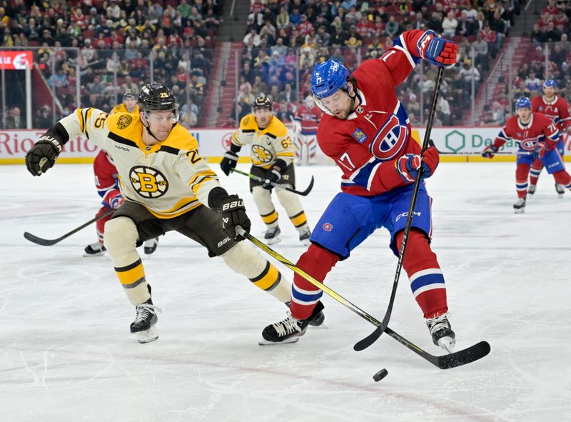 Mar 14, 2024; Montreal, Quebec, CAN; Montreal Canadiens forward Josh Anderson (17) plays the puck and Boston Bruins defenseman Brandon Carlo (25) defends during the second period at the Bell Centre. Mandatory Credit: Eric Bolte-USA TODAY Sports