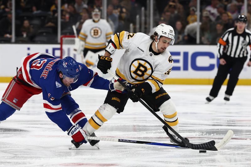 Jan 10, 2026; Boston, Massachusetts, USA; New York Rangers left wing Alexis Lafrenière (13) tries to slow down Boston Bruins center Marat Khusnutdinov (92) during the first period at TD Garden. Mandatory Credit: Winslow Townson-Imagn Images