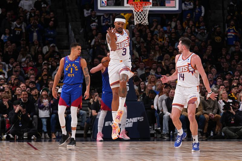 DENVER, CO - MARCH 5: Bradley Beal #3 of the Phoenix Suns celebrates during the game against the Denver Nuggets on March 5, 2024 at the Ball Arena in Denver, Colorado. NOTE TO USER: User expressly acknowledges and agrees that, by downloading and/or using this Photograph, user is consenting to the terms and conditions of the Getty Images License Agreement. Mandatory Copyright Notice: Copyright 2024 NBAE (Photo by Bart Young/NBAE via Getty Images)