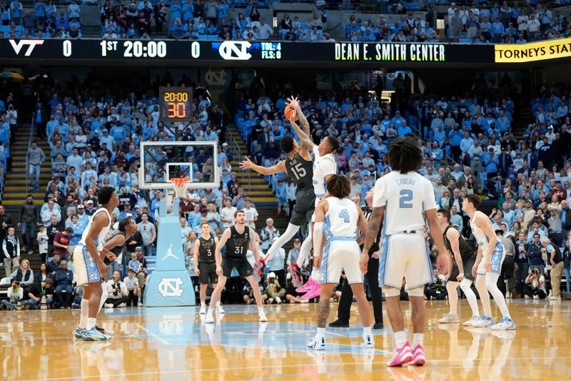 Feb 17, 2024; Chapel Hill, North Carolina, USA; A general view of the tip off at Dean E. Smith Center. Mandatory Credit: Bob Donnan-USA TODAY Sports