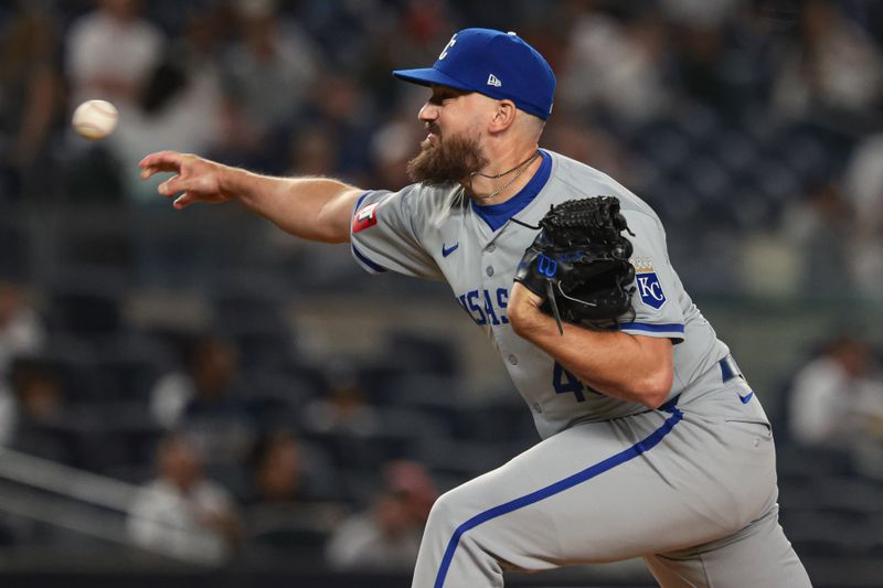 Sep 10, 2024; Bronx, New York, USA; Kansas City Royals relief pitcher John Schreiber (46) delivers a pitch during the ninth inning New York Yankees at Yankee Stadium. Mandatory Credit: Vincent Carchietta-Imagn Images