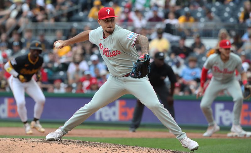 Jun 8, 2025; Pittsburgh, Pennsylvania, USA; Philadelphia Phillies relief pitcher Orion Kerkering (50) pitches against the Pittsburgh Pirates during the eighth inning at PNC Park. Mandatory Credit: Charles LeClaire-Imagn Images