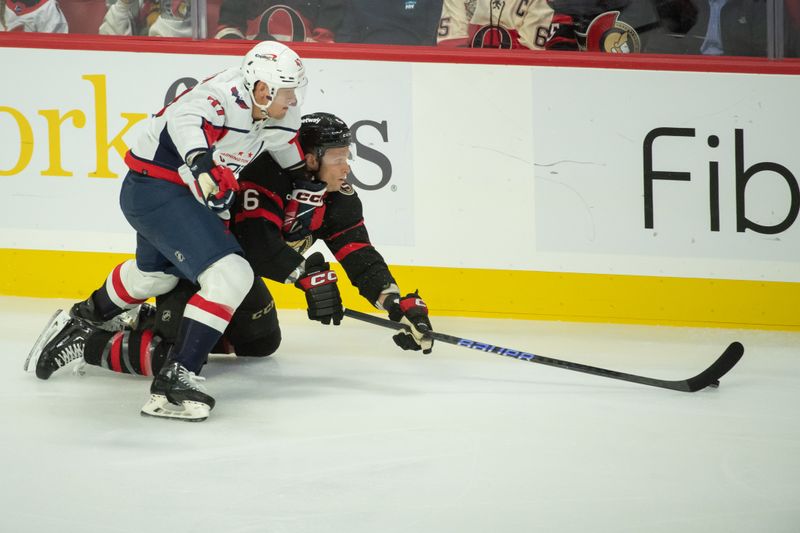 Oct 18, 2023; Ottawa, Ontario, CAN; Washington Capitals left wing Beck Malenstyn (47) battles with Ottawa Senators defenseman Jacob Chychrun (6) in the third period at the Canadian Tire Centre. Mandatory Credit: Marc DesRosiers-USA TODAY Sports