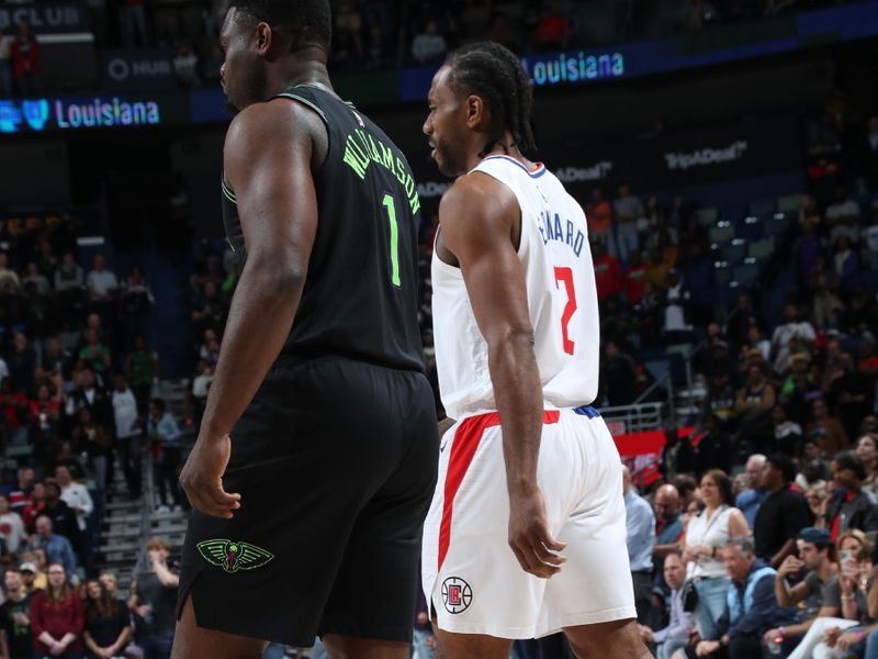 NEW ORLEANS, LA - MARCH 15: Zion Williamson #1 of the New Orleans Pelicans and Kawhi Leonard #2 of the LA Clippers look on during the game on March 15, 2024 at the Smoothie King Center in New Orleans, Louisiana. NOTE TO USER: User expressly acknowledges and agrees that, by downloading and or using this Photograph, user is consenting to the terms and conditions of the Getty Images License Agreement. Mandatory Copyright Notice: Copyright 2024 NBAE (Photo by Layne Murdoch Jr./NBAE via Getty Images)