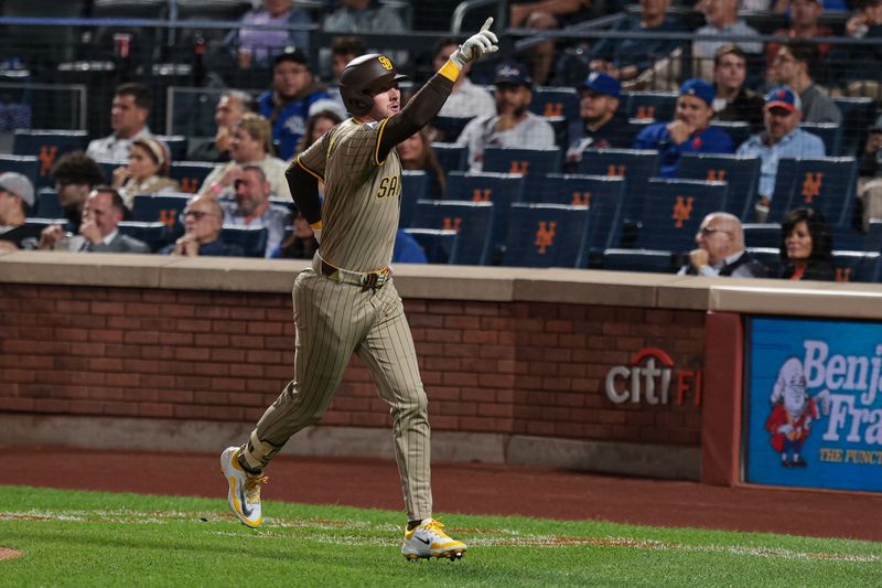 Sep 16, 2025; New York City, New York, USA; San Diego Padres center fielder Jackson Merrill (3) reacts after hitting a solo home run during the second inning against the New York Mets at Citi Field. Mandatory Credit: Vincent Carchietta-Imagn Images