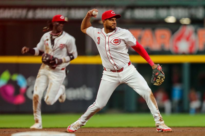 Apr 8, 2024; Cincinnati, Ohio, USA; Cincinnati Reds third baseman Jeimer Candelario (3) throws to first to get Milwaukee Brewers outfielder Jackson Chourio (not pictured) out in the fifth inning at Great American Ball Park. Mandatory Credit: Katie Stratman-USA TODAY Sports