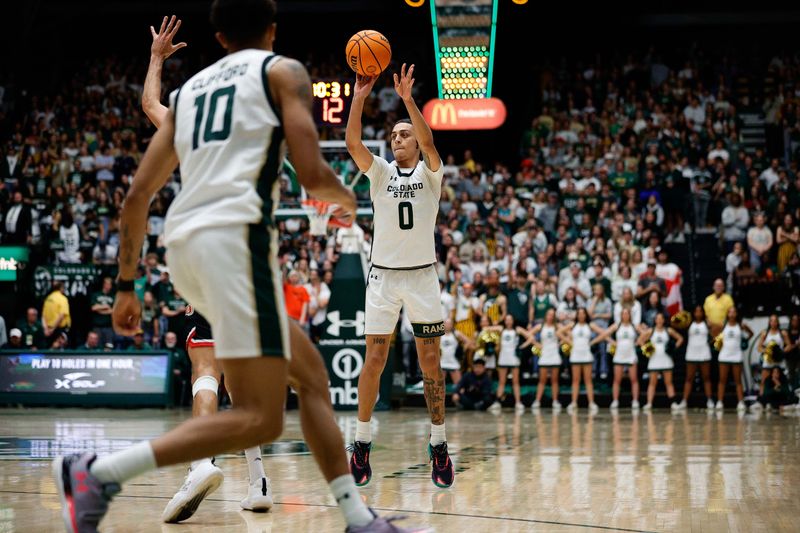 Dec 6, 2023; Fort Collins, Colorado, USA; Colorado State Rams guard Kyan Evans (0) attempts a shot as guard Nique Clifford (10) defends in the second half at Moby Arena. Mandatory Credit: Isaiah J. Downing-USA TODAY Sports