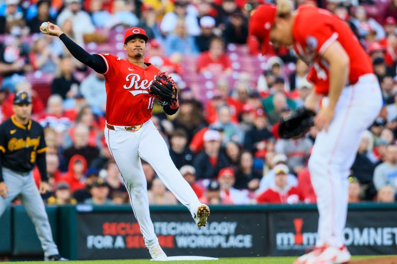 Apr 12, 2025; Cincinnati, Ohio, USA; Cincinnati Reds third baseman Noelvi Marte (16) throws to first to get Pittsburgh Pirates outfielder Andrew McCutchen (not pictured) out in the second inning at Great American Ball Park. Mandatory Credit: Katie Stratman-Imagn Images
