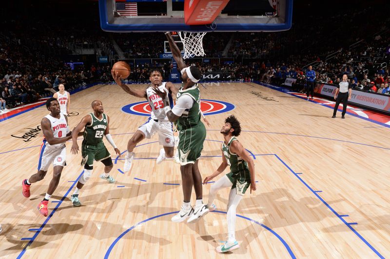 DETROIT, MI - JANUARY 22: Marcus Sasser #25 of the Detroit Pistons drives to the basket during the game against the Milwaukee Bucks on January 22, 2024 at Little Caesars Arena in Detroit, Michigan. NOTE TO USER: User expressly acknowledges and agrees that, by downloading and/or using this photograph, User is consenting to the terms and conditions of the Getty Images License Agreement. Mandatory Copyright Notice: Copyright 2024 NBAE (Photo by Chris Schwegler/NBAE via Getty Images)