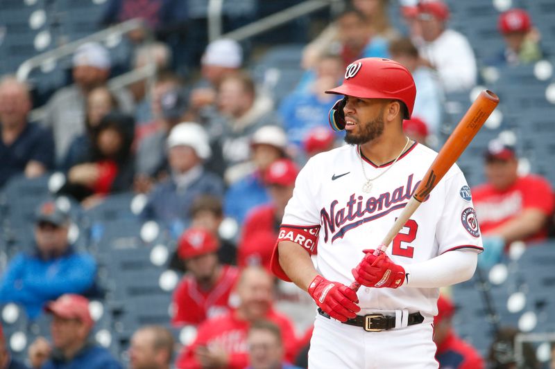 Jun 22, 2023; Washington, District of Columbia, USA; Washington Nationals second baseman Luis Garcia (2) looks on prior to batting during the first inning against the Arizona Diamondbacks at Nationals Park. Mandatory Credit: Amber Searls-USA TODAY Sports