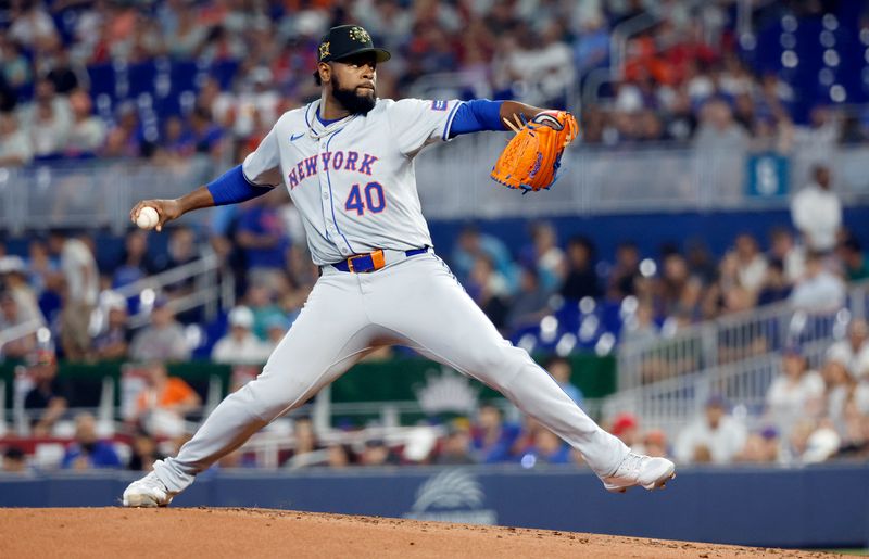 May 18, 2024; Miami, Florida, USA;  New York Mets starting pitcher Luis Severino (40) delivers a pitch in the first inning at loanDepot Park. Mandatory Credit: Rhona Wise-USA TODAY Sports