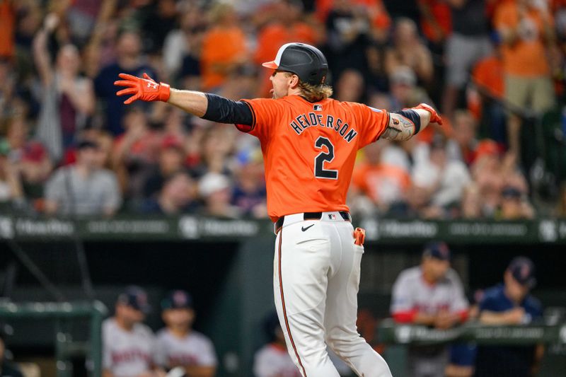 Aug 17, 2024; Baltimore, Maryland, USA; Baltimore Orioles shortstop Gunnar Henderson (2) celebrates after hitting a home run during the sixth inning against the Boston Red Sox at Oriole Park at Camden Yards. Mandatory Credit: Reggie Hildred-USA TODAY Sports