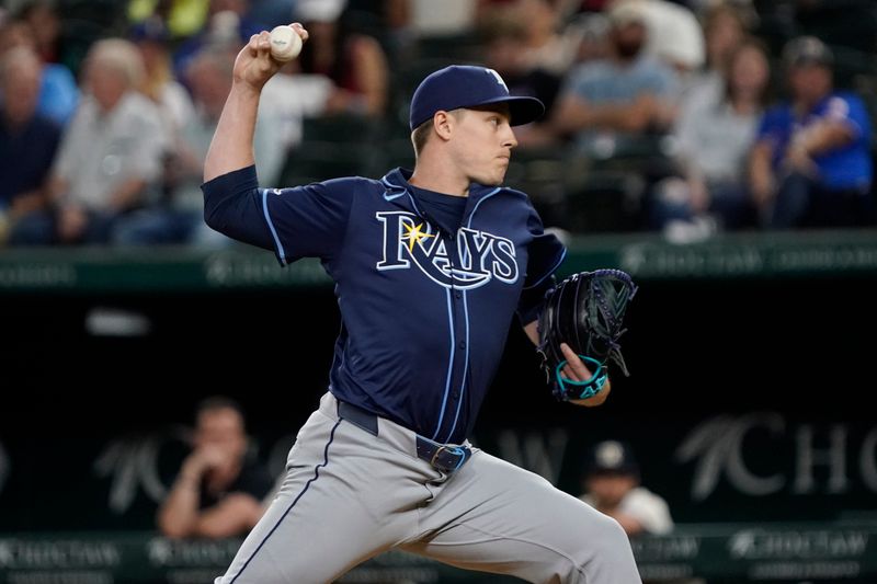 Jul 5, 2024; Arlington, Texas, USA; Tampa Bay Rays pitcher Phil Maton (88) throws to the plate during the seventh inning against the Texas Rangers at Globe Life Field. Mandatory Credit: Raymond Carlin III-USA TODAY Sports