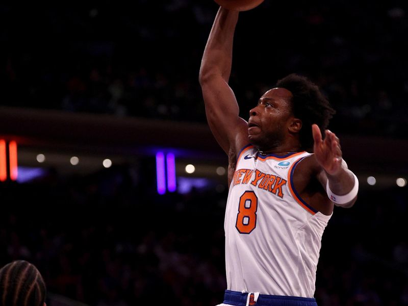 NEW YORK, NEW YORK - JANUARY 03: OG Anunoby #8 of the New York Knicks heads to the basket during the first half against the Chicago Bulls at Madison Square Garden on January 03, 2024 in New York City. NOTE TO USER: User expressly acknowledges and agrees that, by downloading and or using this photograph, User is consenting to the terms and conditions of the Getty Images License Agreement. (Photo by Elsa/Getty Images)