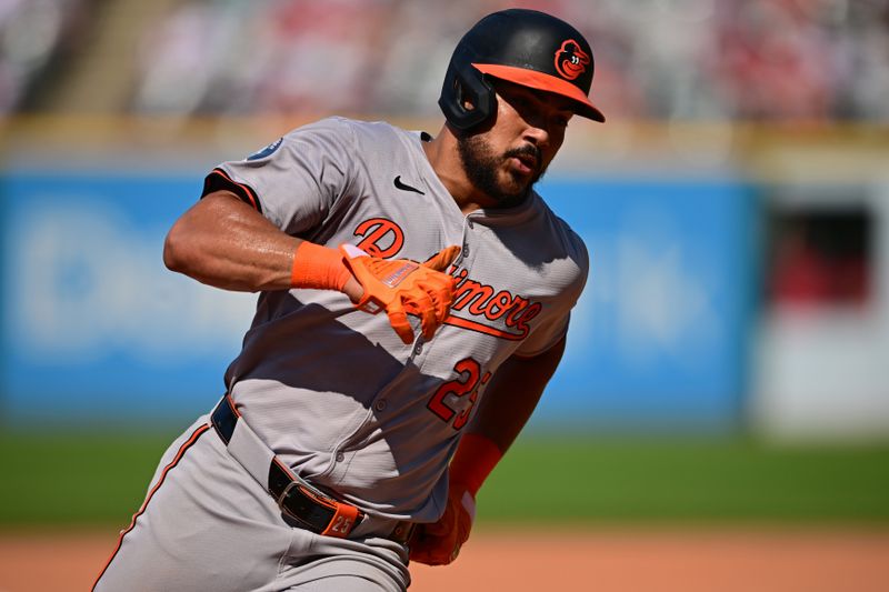 Aug 4, 2024; Cleveland, Ohio, USA; Baltimore Orioles right fielder Anthony Santander (25) runs home to score a run during the eighth inning against the Cleveland Guardians at Progressive Field. Mandatory Credit: David Dermer-USA TODAY Sports