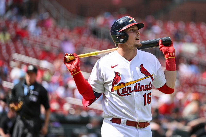 Aug 6, 2023; St. Louis, Missouri, USA;  St. Louis Cardinals second baseman Nolan Gorman (16) walks back to the dugout after popping out in to foul territory against the Colorado Rockies during the ninth inning at Busch Stadium. Mandatory Credit: Jeff Curry-USA TODAY Sports