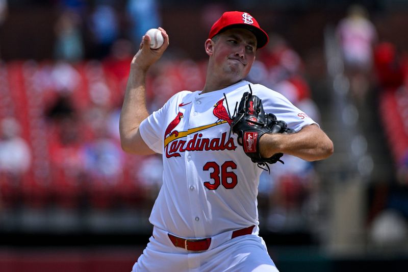 Jul 31, 2024; St. Louis, Missouri, USA;  St. Louis Cardinals starting pitcher Michael McGreevy (36) pitches against the Texas Rangers during the third inning at Busch Stadium. Mandatory Credit: Jeff Curry-USA TODAY Sports