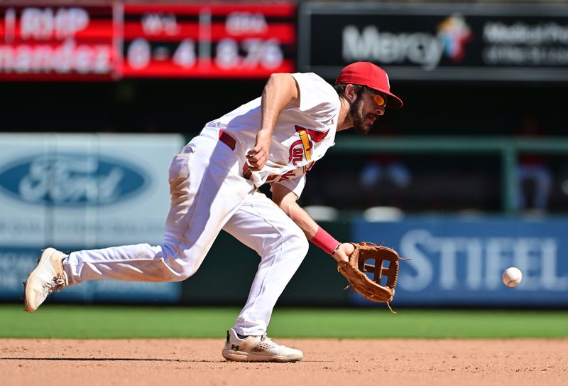 Sep 17, 2025; St. Louis, Missouri, USA; St. Louis Cardinals shortstop Thomas Saggese (25) fields a grounder up the middle by Cincinnati Reds outfielder Noelvi Marte (not shown) in the eighth inning at Busch Stadium. Mandatory Credit: Tim Vizer-Imagn Images