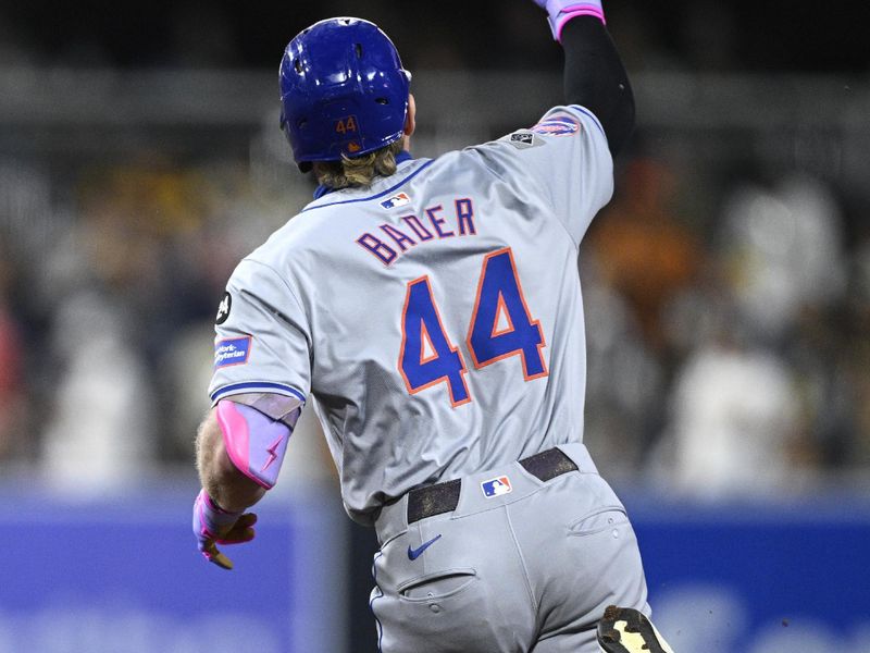 Aug 24, 2024; San Diego, California, USA; New York Mets center fielder Harrison Bader (44) celebrates while rounding the bases after hitting a home run against the San Diego Padres during the eighth inning at Petco Park. Mandatory Credit: Orlando Ramirez-USA TODAY Sports