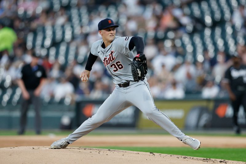 Aug 26, 2024; Chicago, Illinois, USA; Detroit Tigers starting pitcher Ty Madden (36) delivers a pitch against the Chicago White Sox during the first inning at Guaranteed Rate Field. Mandatory Credit: Kamil Krzaczynski-USA TODAY Sports