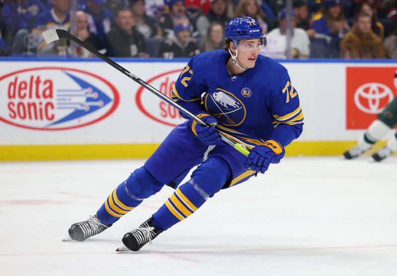 Nov 10, 2023; Buffalo, New York, USA;  Buffalo Sabres right wing Tage Thompson (72) looks for the puck during the second period against the Minnesota Wild at KeyBank Center. Mandatory Credit: Timothy T. Ludwig-USA TODAY Sports