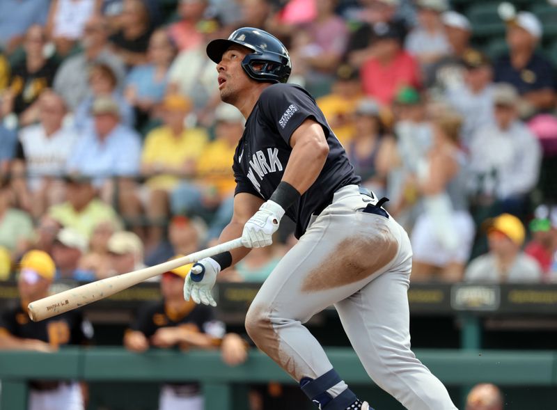 Mar 24, 2024; Bradenton, Florida, USA; New York Yankees left fielder Jahmai Jones (85) hits a RBI double during the fourth inning against the Pittsburgh Pirates at LECOM Park. Mandatory Credit: Kim Klement Neitzel-USA TODAY Sports