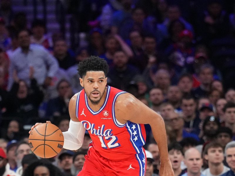 PHILADELPHIA, PA - JANUARY 5: Tobias Harris #12 of the Philadelphia 76ers brings the ball up court against the New York Knicks on January 5, 2024 at the Wells Fargo Center in Philadelphia, Pennsylvania NOTE TO USER: User expressly acknowledges and agrees that, by downloading and/or using this Photograph, user is consenting to the terms and conditions of the Getty Images License Agreement. Mandatory Copyright Notice: Copyright 2024 NBAE (Photo by Jesse D. Garrabrant/NBAE via Getty Images)