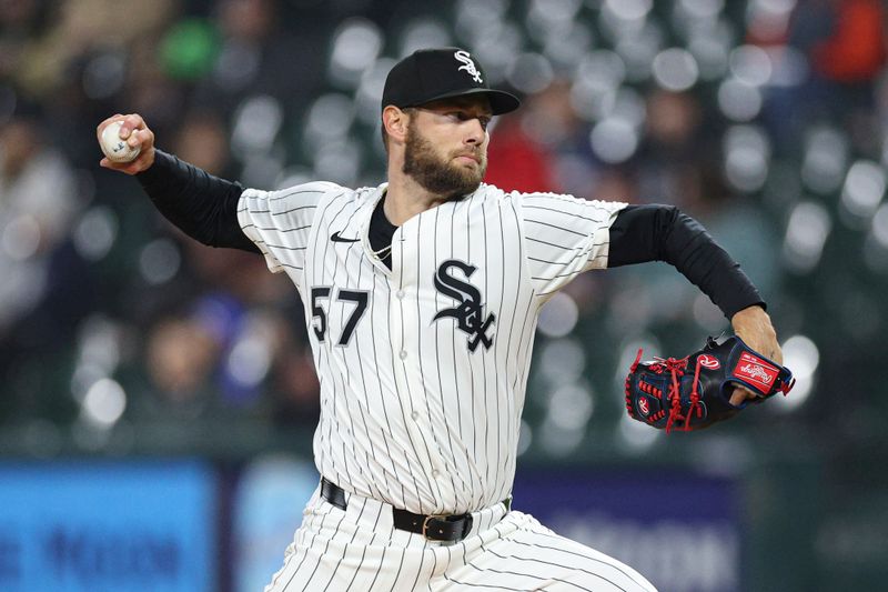 May 20, 2025; Chicago, Illinois, USA; Chicago White Sox starting pitcher Adrian Houser (57) delivers a pitch against the Seattle Mariners during the first inning at Rate Field. Mandatory Credit: Kamil Krzaczynski-Imagn Images