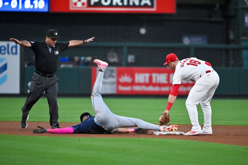 Aug 6, 2024; St. Louis, Missouri, USA;  Tampa Bay Rays center fielder Jose Siri (22) holds on the the base after sliding safely past St. Louis Cardinals second baseman Nolan Gorman (16) during the fourth inning at Busch Stadium. Mandatory Credit: Jeff Curry-USA TODAY Sports