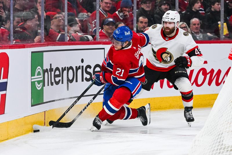 Jan 23, 2024; Montreal, Quebec, CAN; Montreal Canadiens defenseman Kaiden Guhle (21) defends the puck against Ottawa Senators center Rourke Chartier (49) during the third period at Bell Centre. Mandatory Credit: David Kirouac-USA TODAY Sports