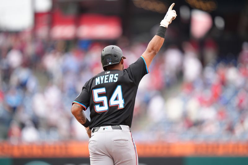 Apr 19, 2025; Philadelphia, Pennsylvania, USA; Miami Marlins outfielder Dane Myers (54) reacts after hitting a three-run home run against the Philadelphia Phillies in the ninth inning at Citizens Bank Park. Mandatory Credit: Kyle Ross-Imagn Images