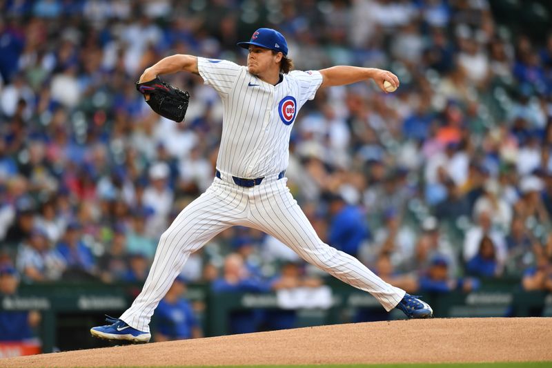 Aug 17, 2024; Chicago, Illinois, USA; Chicago Cubs starting pitcher Justin Steele (35) pitches during the first inning against the Toronto Blue Jays at Wrigley Field. Mandatory Credit: Patrick Gorski-USA TODAY Sports