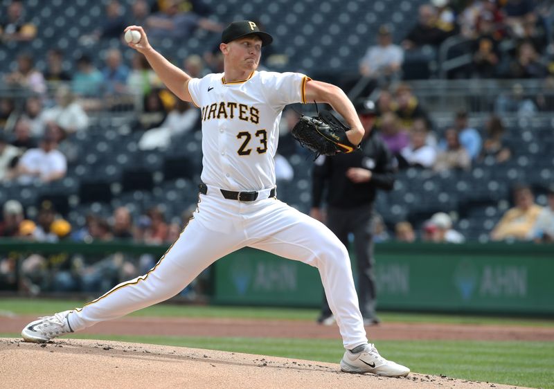 May 24, 2025; Pittsburgh, Pennsylvania, USA;  Pittsburgh Pirates starting pitcher Mitch Keller (23) delivers a pitch against the Milwaukee Brewers during the first inning at PNC Park. Mandatory Credit: Charles LeClaire-Imagn Images