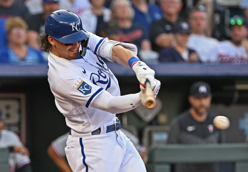 Jul 29, 2023; Kansas City, Missouri, USA;  Kansas City Royals shortstop Bobby Witt Jr. (7) hits an RBI single during the second inning against the Minnesota Twins at Kauffman Stadium. Mandatory Credit: Peter Aiken-USA TODAY Sports