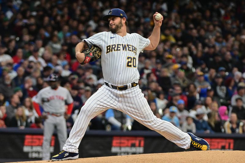 Apr 22, 2023; Milwaukee, Wisconsin, USA; Milwaukee Brewers pitcher Wade Miley (20) throws a pitch in the first inning against the Boston Red Sox at American Family Field. Mandatory Credit: Benny Sieu-USA TODAY Sports