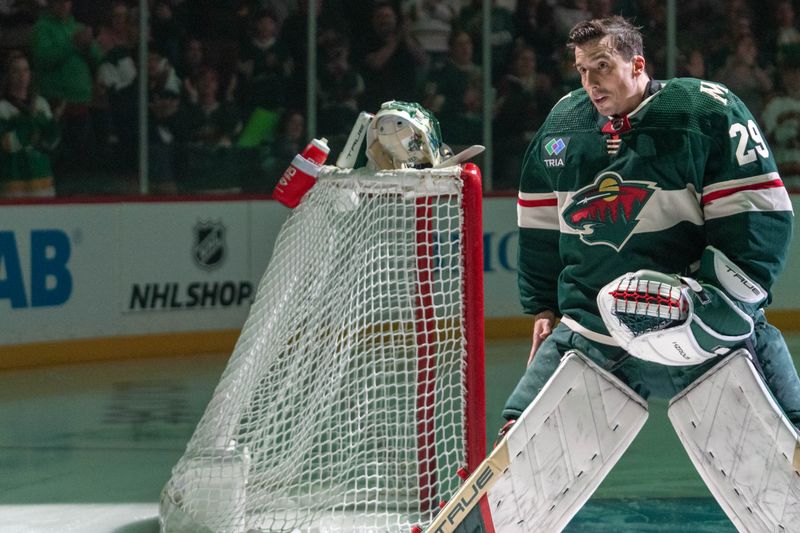 Apr 18, 2024; Saint Paul, Minnesota, USA; Minnesota Wild goaltender Marc-Andre Fleury (29) is awarded the Tom Kurvers Humanitarian Award before their game against the Seattle Kraken in the first period at Xcel Energy Center. Mandatory Credit: Matt Blewett-USA TODAY Sports