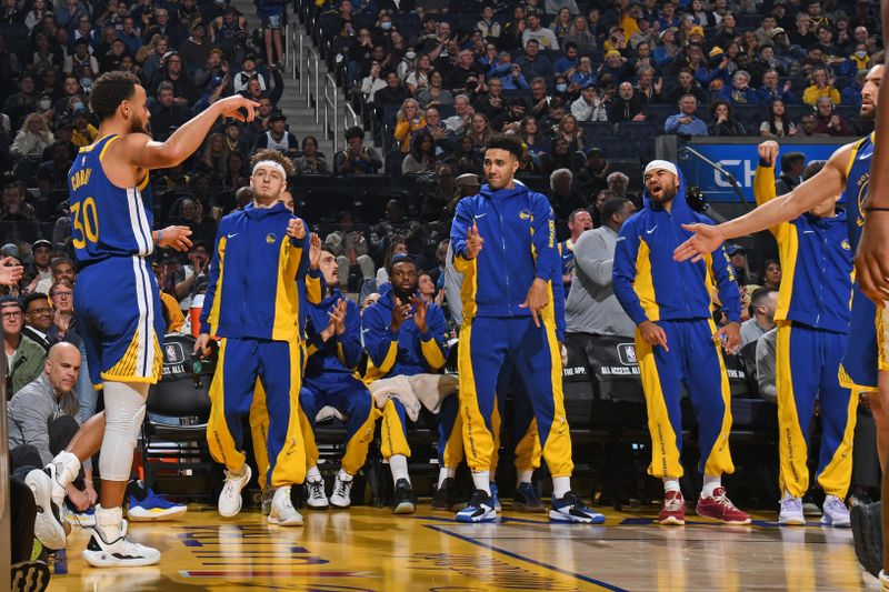 SAN FRANCISCO, CA - JANUARY 4: Stephen Curry #30 of the Golden State Warriors celebrates during the game against the Denver Nuggets on January 4, 2024 at Chase Center in San Francisco, California. NOTE TO USER: User expressly acknowledges and agrees that, by downloading and or using this photograph, user is consenting to the terms and conditions of Getty Images License Agreement. Mandatory Copyright Notice: Copyright 2024 NBAE (Photo by Noah Graham/NBAE via Getty Images)