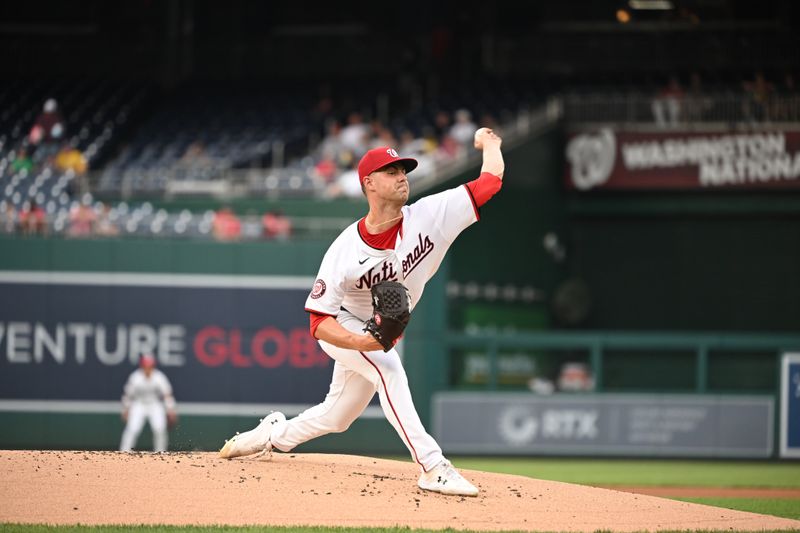 Aug 6, 2024; Washington, District of Columbia, USA; Washington Nationals starting pitcher MacKenzie Gore (1) throws a pitch against the San Francisco Giants during the first inning at Nationals Park. Mandatory Credit: Rafael Suanes-USA TODAY Sports