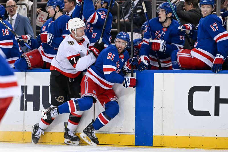 Jan 21, 2025; New York, New York, USA;  
Ottawa Senators left wing Brady Tkachuk (7) checks New York Rangers right wing Reilly Smith (91) into the boards during the third period at Madison Square Garden. Mandatory Credit: Dennis Schneidler-Imagn Images