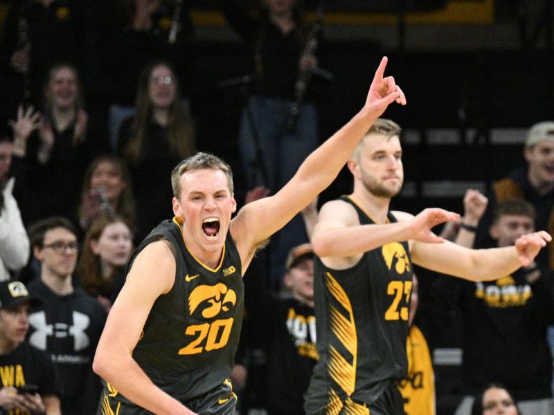 Feb 2, 2024; Iowa City, Iowa, USA; Iowa Hawkeyes forward Payton Sandfort (20) reacts at the end of the game against the Ohio State Buckeyes at Carver-Hawkeye Arena. Mandatory Credit: Jeffrey Becker-USA TODAY Sports