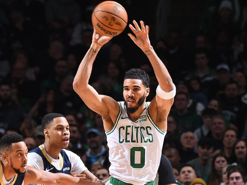 BOSTON, MA - JANUARY 29: Jayson Tatum #0 of the Boston Celtics passes the ball during the game against the New Orleans Pelicans on January 29, 2024 at the TD Garden in Boston, Massachusetts. NOTE TO USER: User expressly acknowledges and agrees that, by downloading and or using this photograph, User is consenting to the terms and conditions of the Getty Images License Agreement. Mandatory Copyright Notice: Copyright 2024 NBAE  (Photo by Brian Babineau/NBAE via Getty Images)