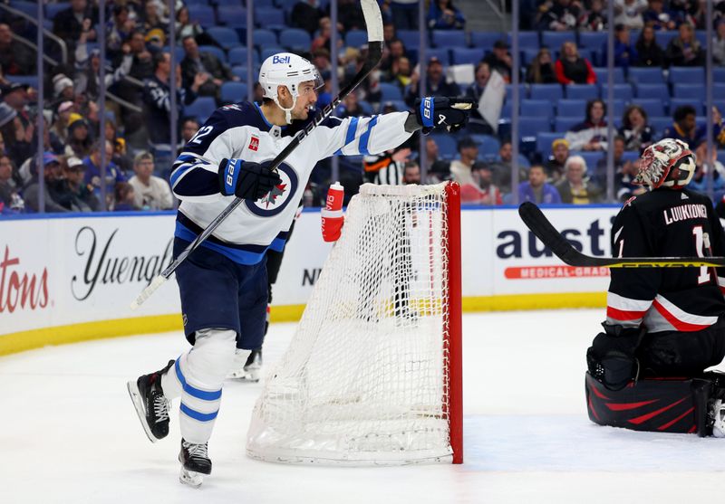 Mar 3, 2024; Buffalo, New York, USA;  Winnipeg Jets right wing Nino Niederreiter (62) reacts after scoring a goal during the first period against the Buffalo Sabres at KeyBank Center. Mandatory Credit: Timothy T. Ludwig-USA TODAY Sports